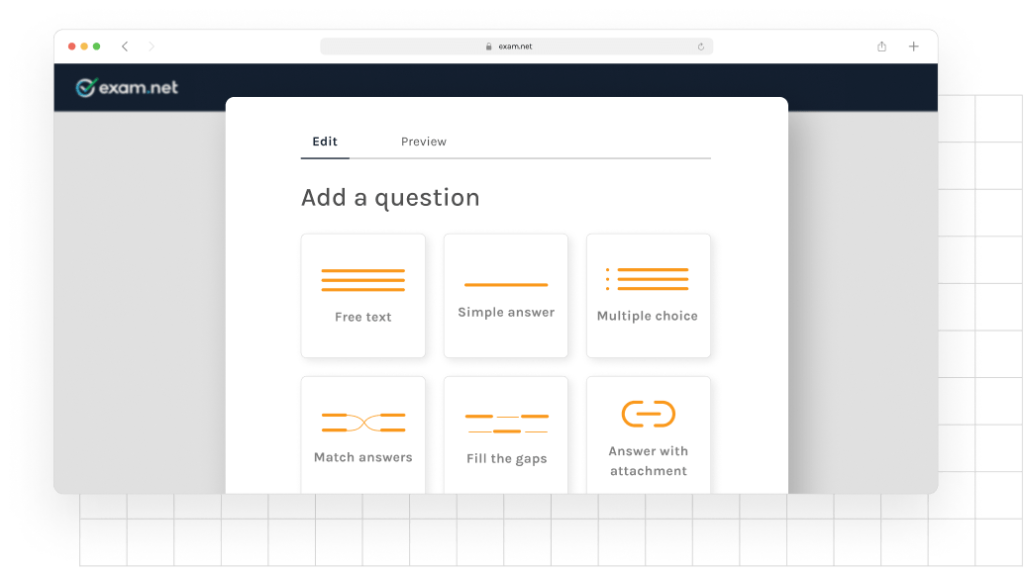 Ecrã de produto Exam.net mostrando diferentes tipos de perguntas de exame online