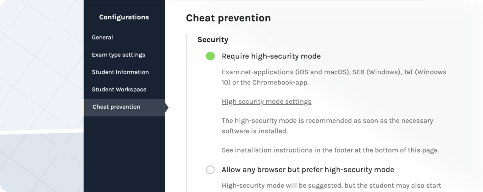 Safe Exam Browser (SEB) for cheat prevention Exam.net