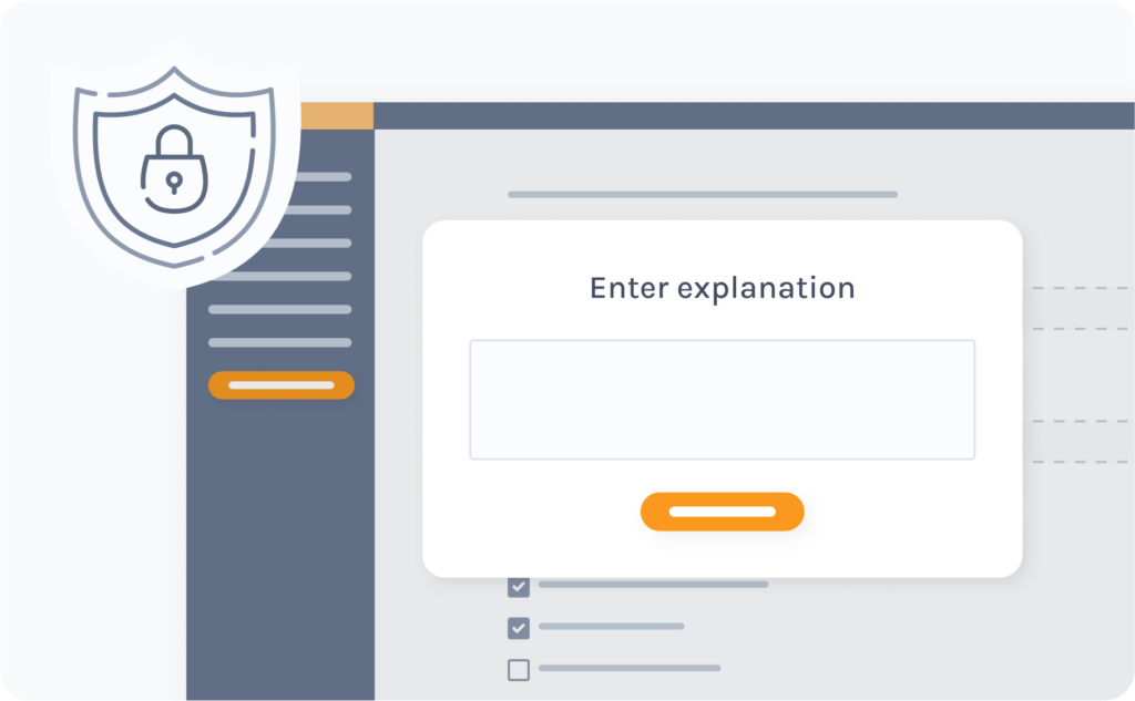 Decorative illustration of the Exam.net user interface when trying to leave an exam as a student and being locked out until teacher confirms they can continue.