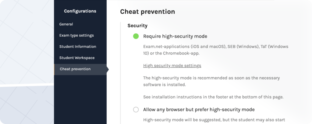 The cheat prevention settings can be found under 'Configurations' when creating an exam.