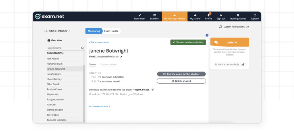 Monitoring view on Exam.net