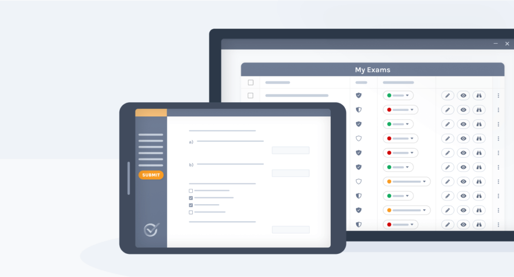 Illustration of Exam.net displayed both on Tablet and on Desktop screens